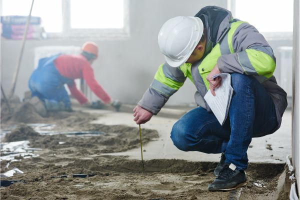 Foreman builder inspecting concrete