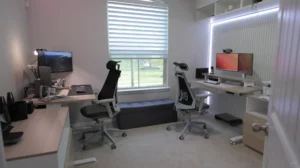 Modern home office setup with dual ergonomic chairs and sleek computer desks – Get inspired to design your perfect home office today!