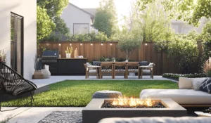 A beautifully designed outdoor living space with a fire pit, seating area, and dining set under soft string lights. Transform your backyard into a luxurious retreat today!