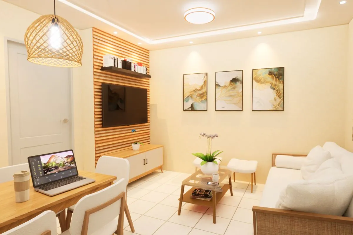 simple living room with beautiful lighting and fixture