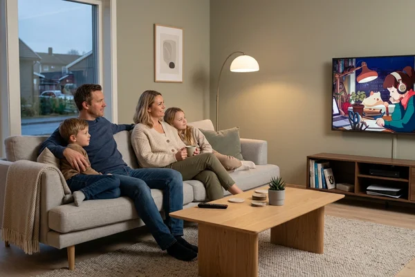 Comfort and safety- family enjoys newly renovated living space and spends time together watching TV in their Fairfield home. 