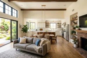 Modern home renovation with an open-concept kitchen, living room, fireplace, large windows, and custom wood ceiling beams.