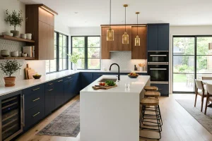 Modern kitchen redesign with navy blue lower cabinets, walnut cabinetry, a large white island, open shelving, and expansive windows.
