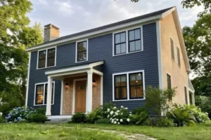 Completed two-story New England home with dark blue siding, white trim, and landscaped front yard